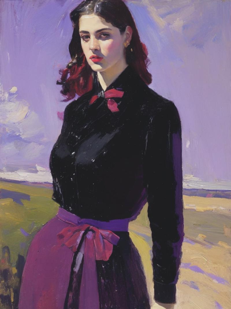 02893-563894592-a painting of a woman in black with purple clothing, in the style of julian schnabel, konstantin korovin, working-class subjects.png